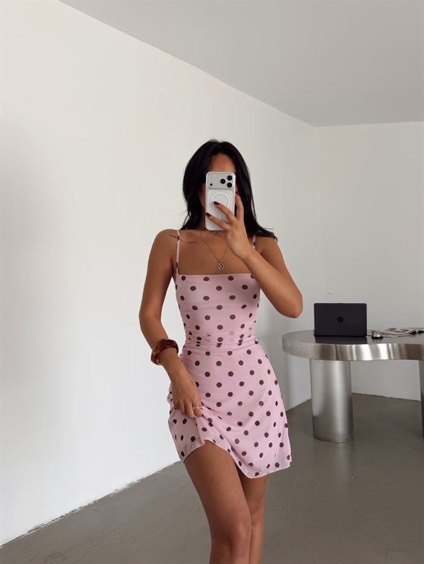 Drapeli Puantiye Mini Elbise - Pembe