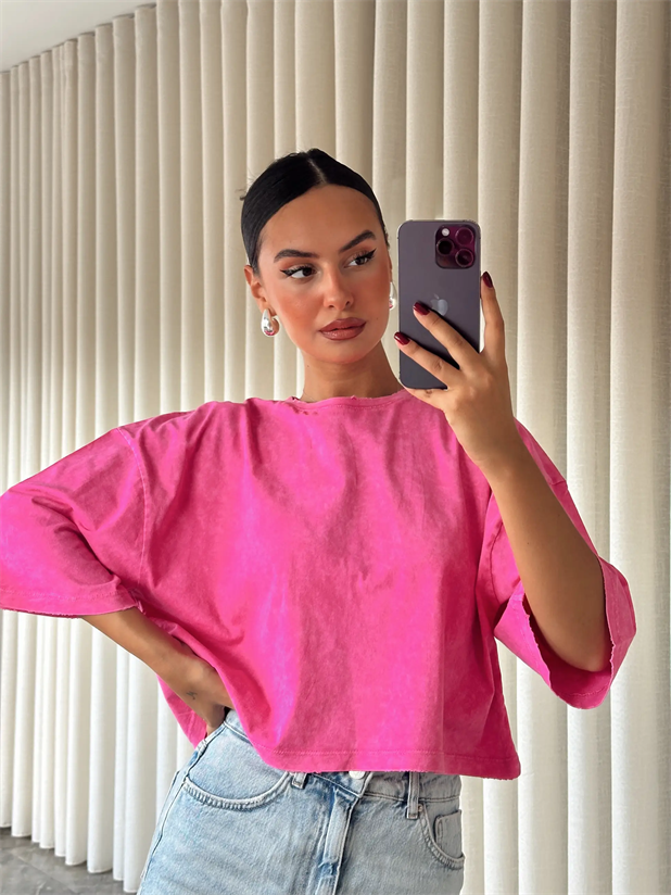 Yıkamalı Düz Crop Basic - Pembe