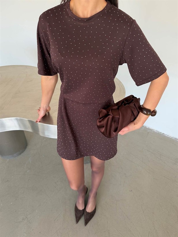 Taş Detaylı Modal Elbise - Kahve