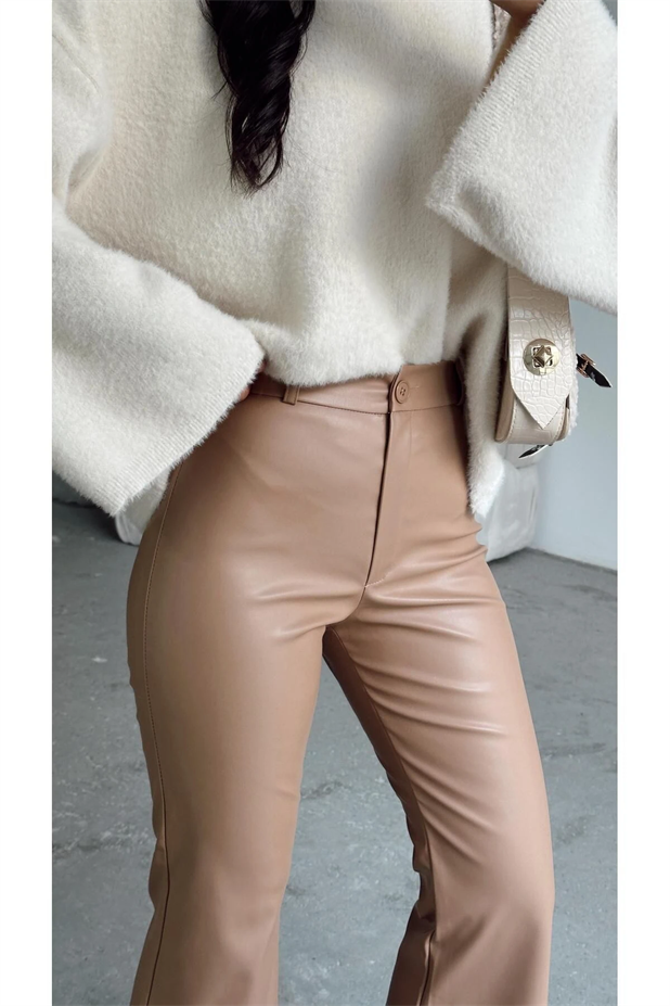 Bilek Boy Flare Paça Deri Pantolon Vizon - Vizon