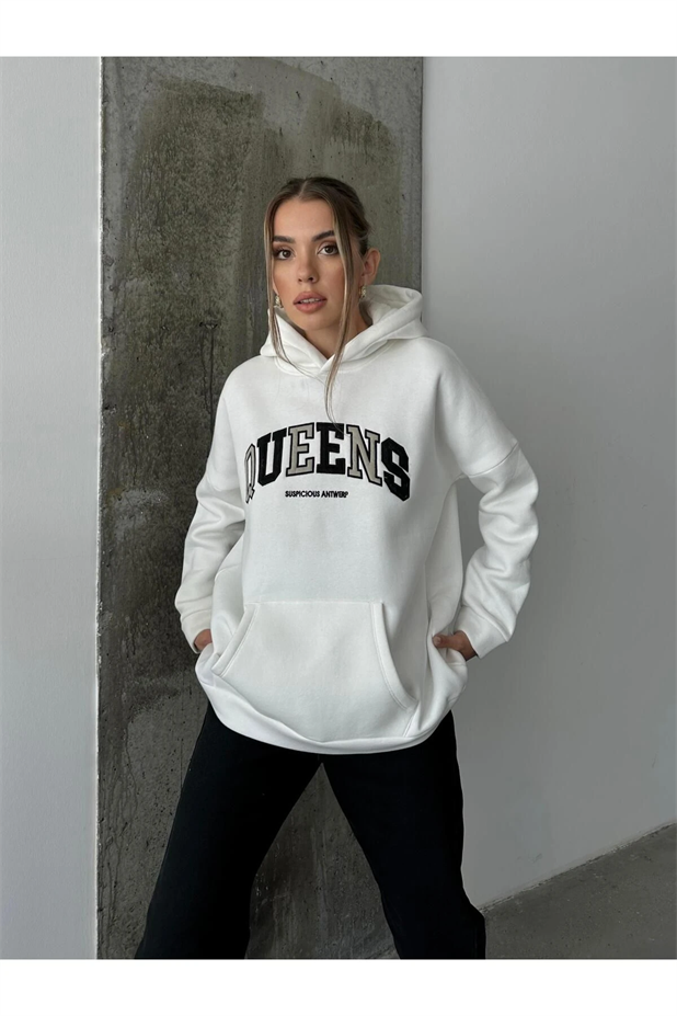 Queens Üç İplik Kapüşonlu Oversize Sweat Beyaz - Beyaz