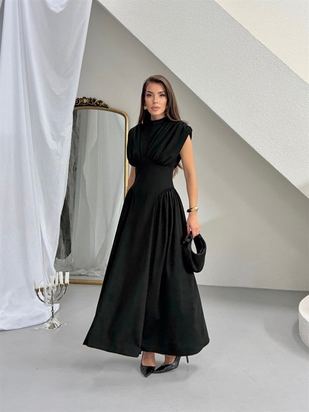 Korse Detaylı Drapeli Elbise - Siyah