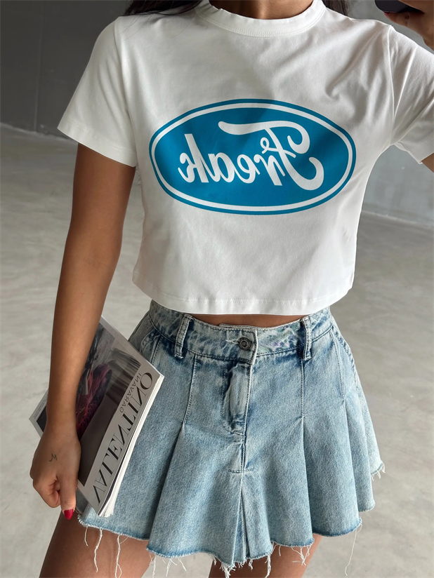 Freak Baskılı Crop Basic - Beyaz