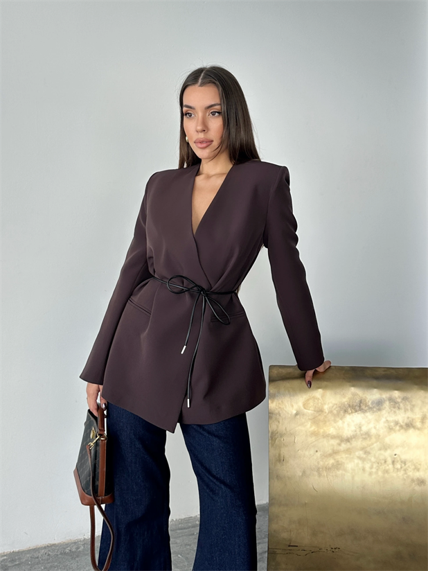 Deri Kemerli Blazer Ceket - Mürdüm