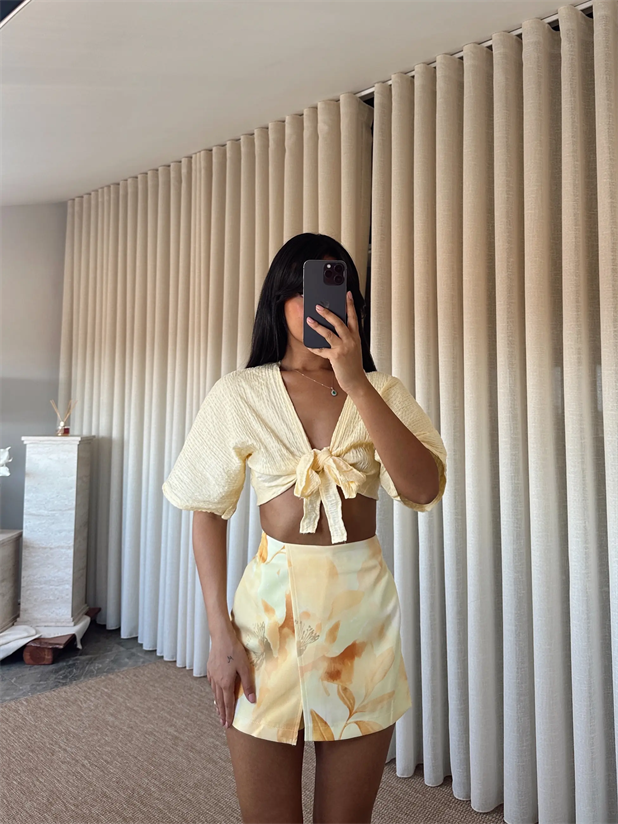 Çiçek Baskılı Mini Şort Etek - Sarı