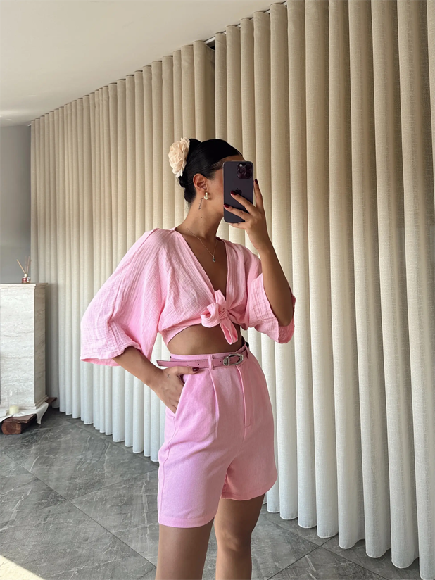 Keten Tek Pile Kemerli Şort - Pembe