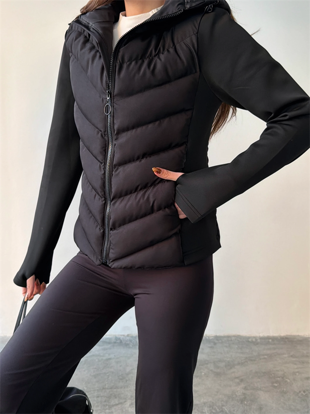 Dalgıç Detay Kapüşonlu Şişme Mont - Siyah