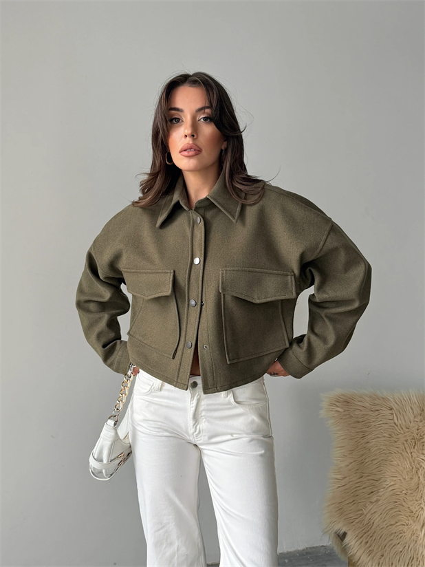 Metal Çıtçıtlı Kaşe Ceket  - Haki