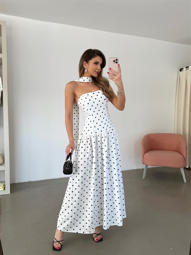 Straplez Fular Detaylı Puantiye Elbise - Beyaz