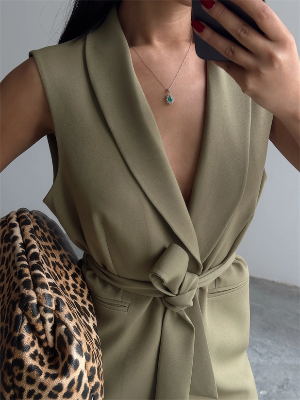 Bağlamalı Blazer Yelek  - Haki Yeşil