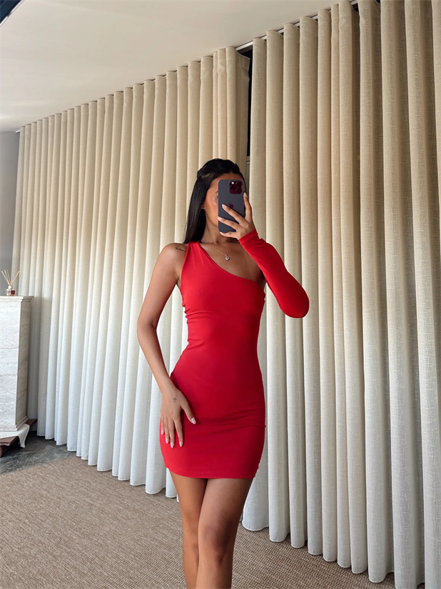 Pera Tek Kol Elbise Kırmızı - Kırmızı