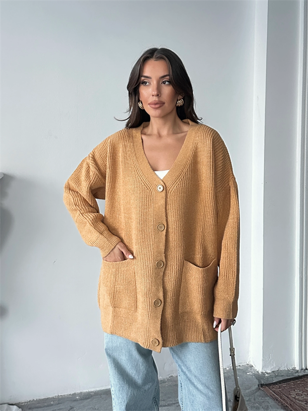 Çift Cepli Kemik Düğme Triko Hırka Hardal - Hardal