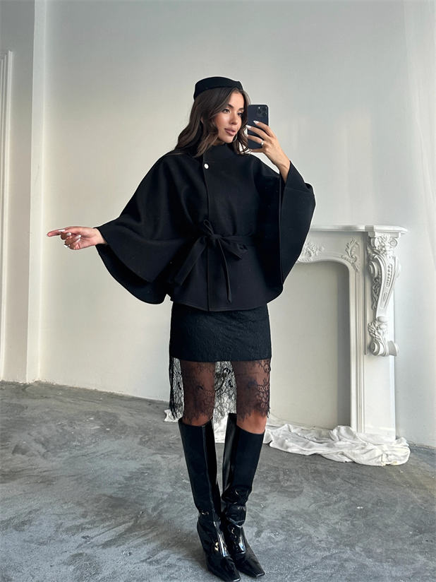 Kaşe Kuşaklı Pelerin Kaban - Siyah