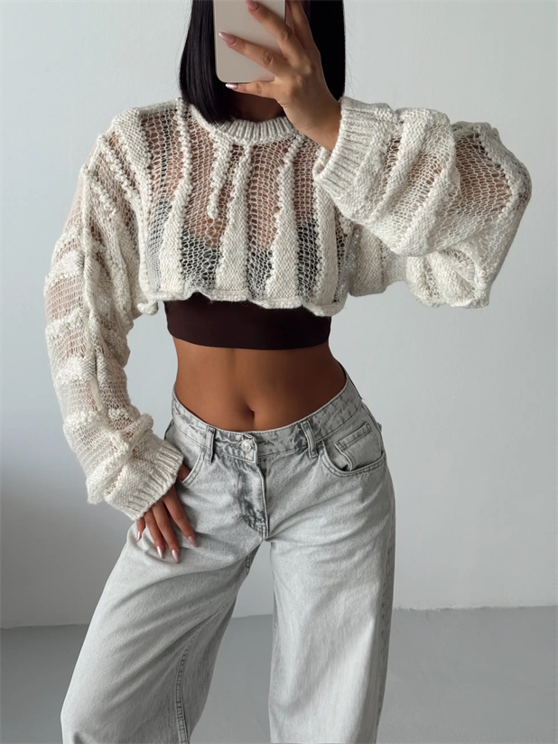 Ajurlu Crop Triko - Krem
