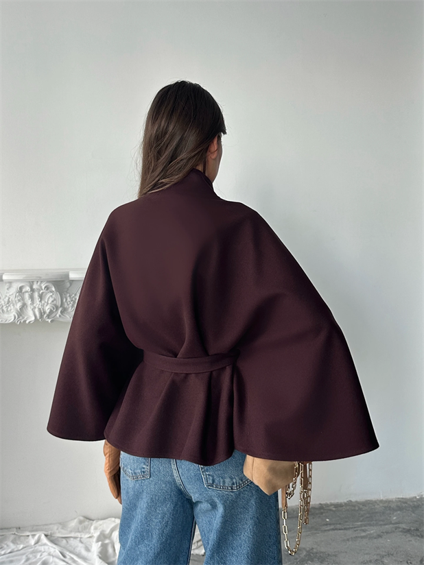 Kaşe Kuşaklı Pelerin Kaban - Kahve