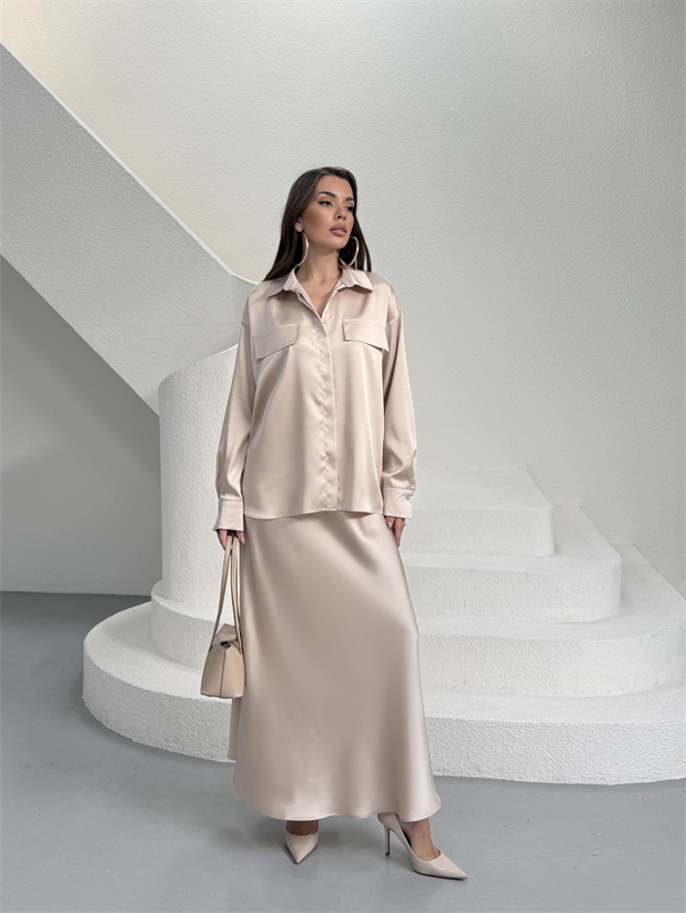 Krep Saten Gömlekli Takım - Taş