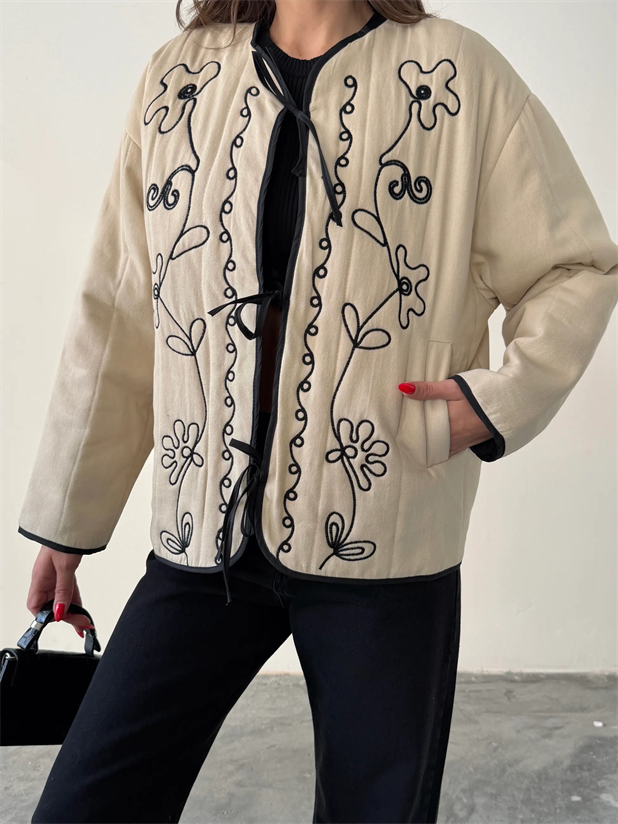 Nakış Detaylı Bağlamalı Etnik Ceket - Ekru