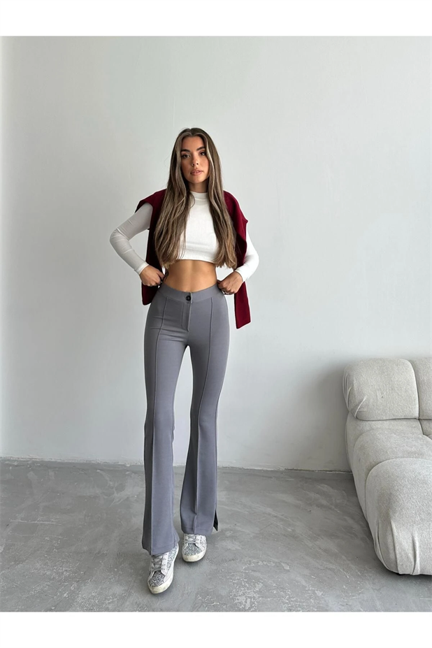 Çimalı Yırtmaç Pantolon Gri - Gri