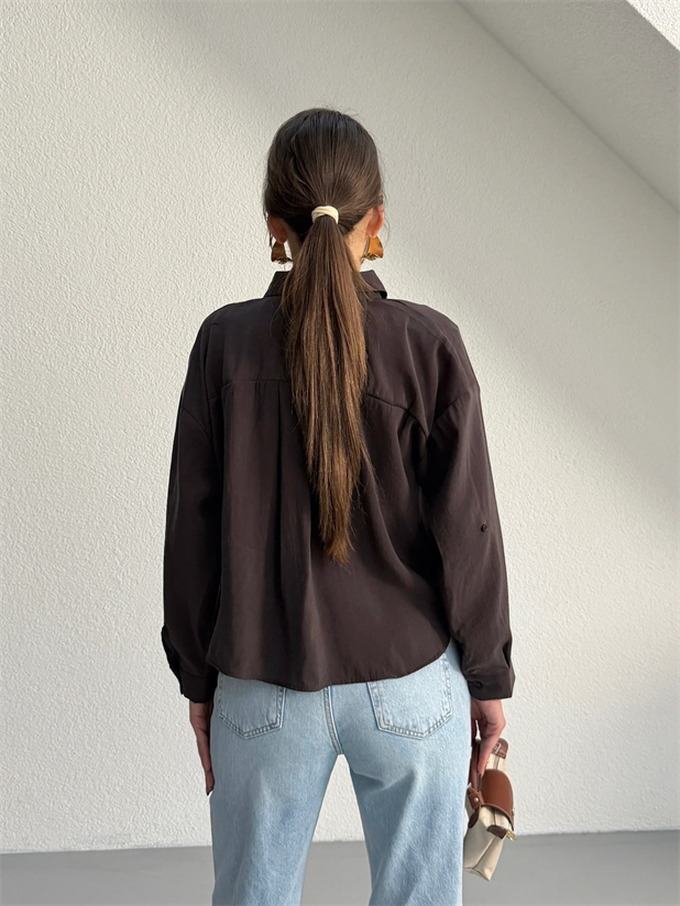 Önü Burgulu Modal Gömlek - Kahve