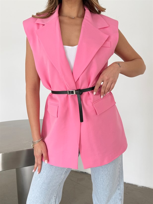 Deri Kemerli Yelek - Pembe