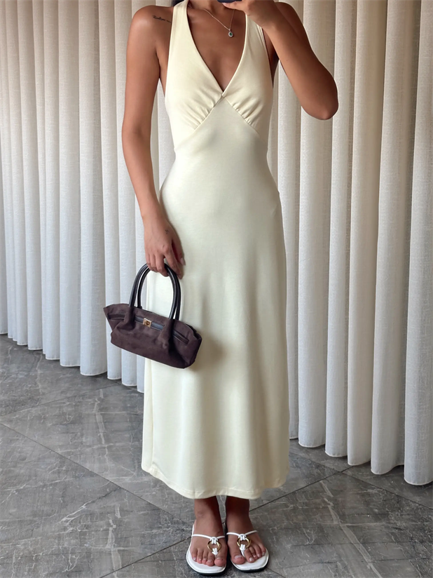 Boyundan Geçmeli Sırt Bağlamalı Elbise - Sarı