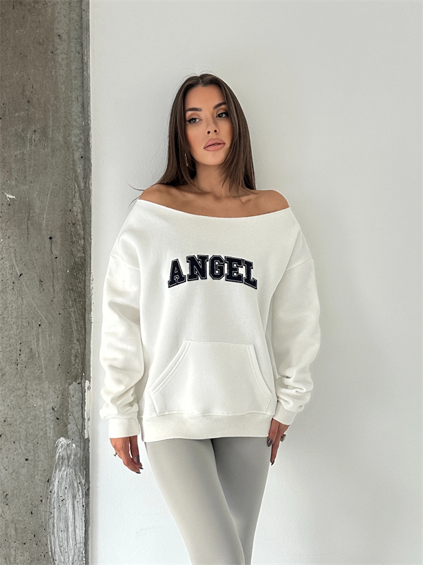 Angel Nakışlı Kayık Yaka Sweat - Beyaz