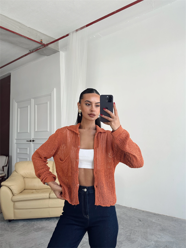 Elena Triko Ajur Hırka Kiremit - Kiremit