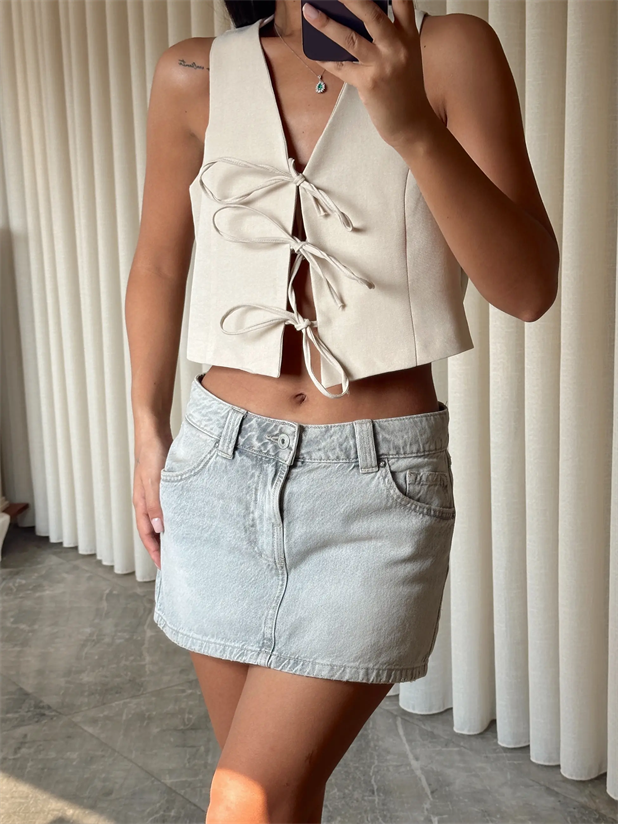 Keten Bağcıklı Yelek  - Taş