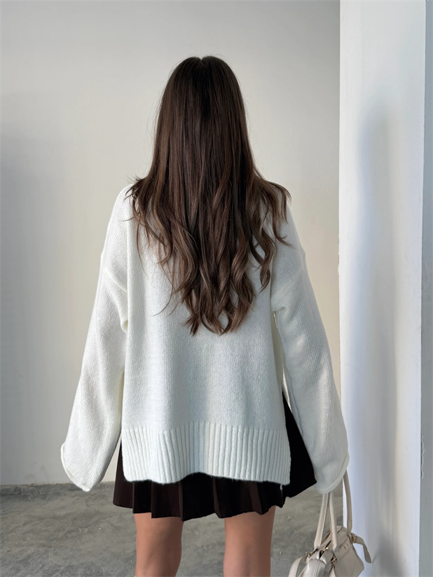 Yırtmaçlı Basic Triko  - Ekru