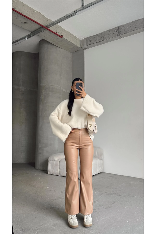 Bilek Boy Flare Paça Deri Pantolon Vizon - Vizon