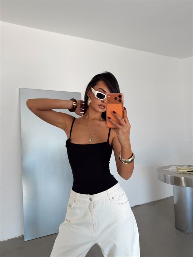 Gül Detaylı Bodysuit - Siyah
