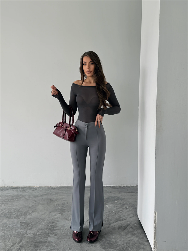 Çimalı Yırtmaç Pantolon  - Gri