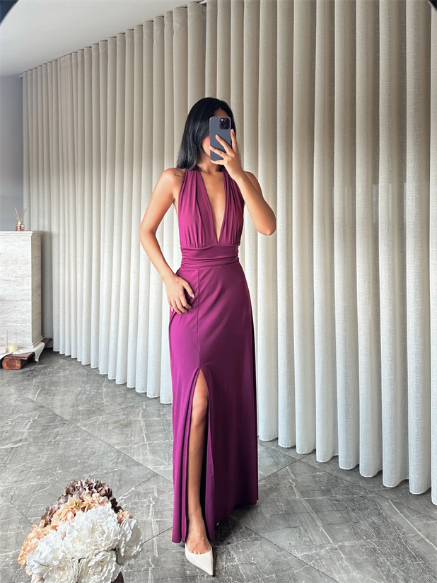 Bel Ve Boyun Bağlamalı Elbise - Mürdüm