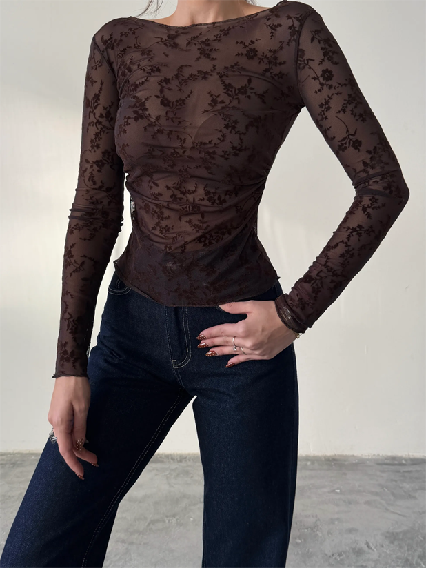 Flok Baskılı Basic Bluz - Kahve