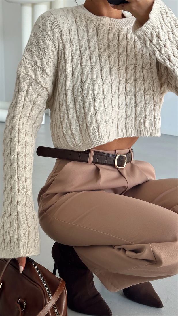Saç Örgü Triko Crop Kazak Krem - Krem