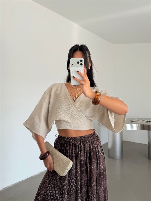 Bağlamalı Müslin Kimono Bluz - Taş