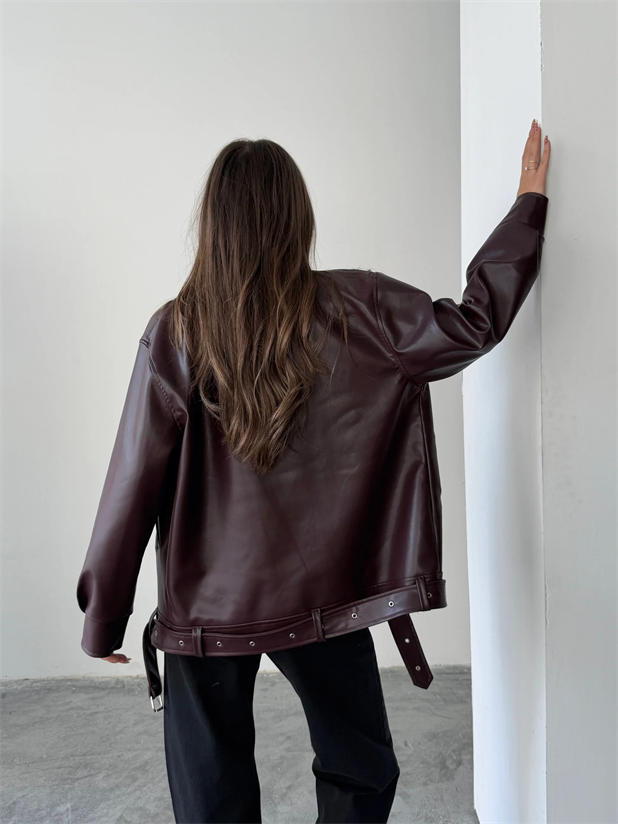 Kemerli Oversize Deri Ceket  - Bordo