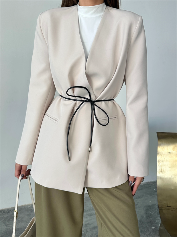 Deri Kemerli Blazer Ceket - Taş