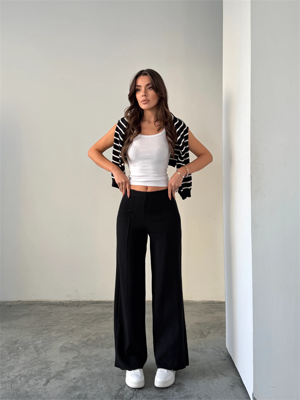 Çimalı Bel Lastik Selanik Pantolon - Siyah