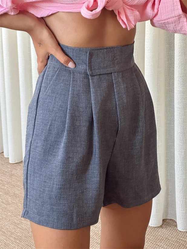 Cırtlı Keten Şort - Antrasit