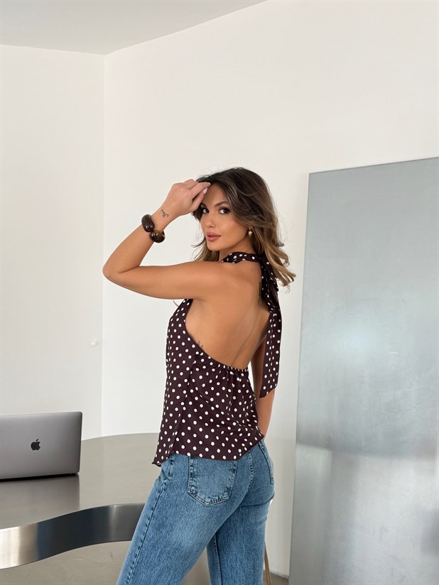 Sırtı Açık Puantiyeli Bluz - Kahve