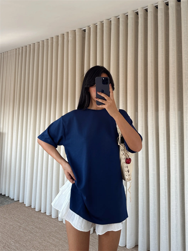 Yan Yırtmaç Oversize Basic - Lacivert