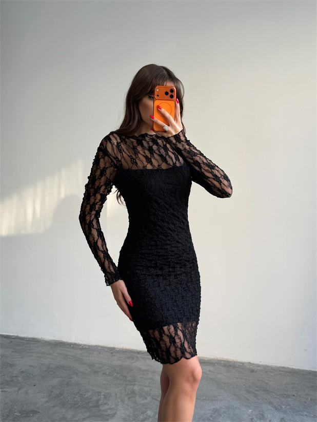 İç Astarlı Dantel Elbise - Siyah