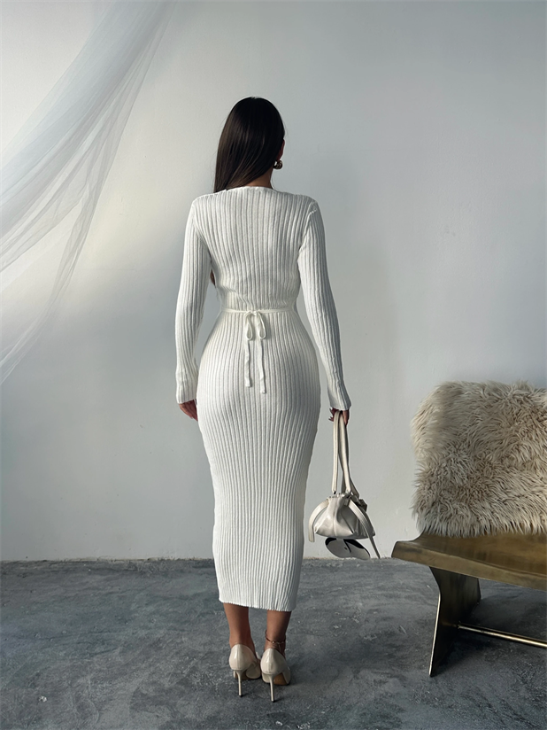 Bel Bağlama Triko Elbise - Ekru