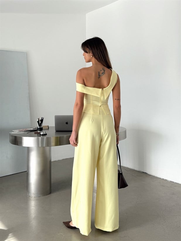 Yandan Katlama Düğme Detay Palazzo - Limon Sarısı