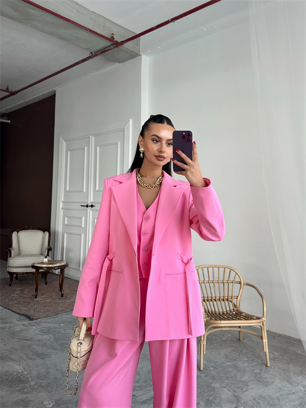 Ceket Yelek Pantolon 3lü Takım - Pembe