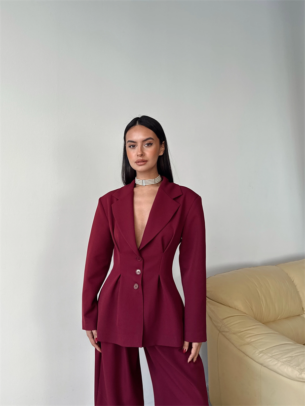 Pile Detay Oturtmalı Blazer Ceket  - Bordo