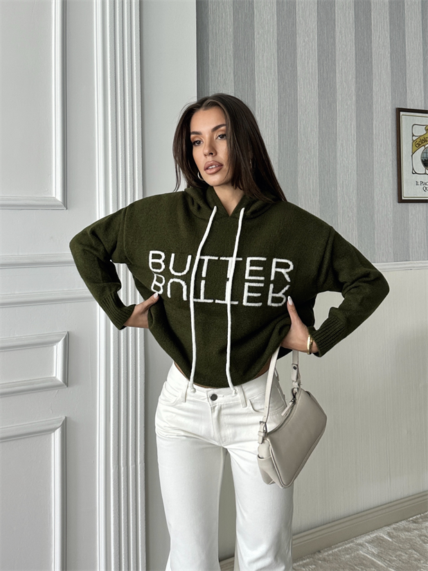 Kapüşonlu Butter Triko Kazak - Haki