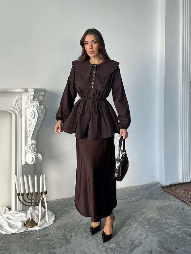 Geniş Yaka Poplin Gömlek - Kahve