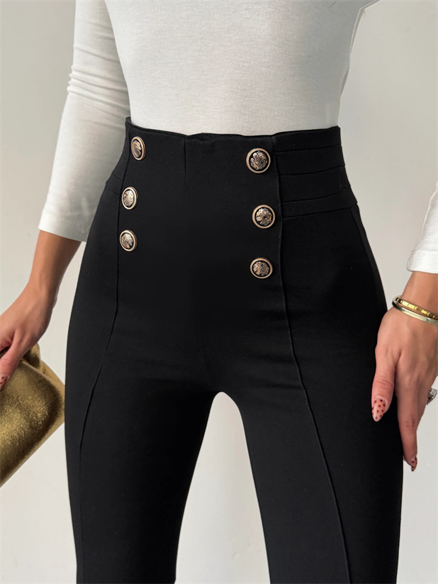 Düğme Detaylı Tayt Pantolon  - Siyah